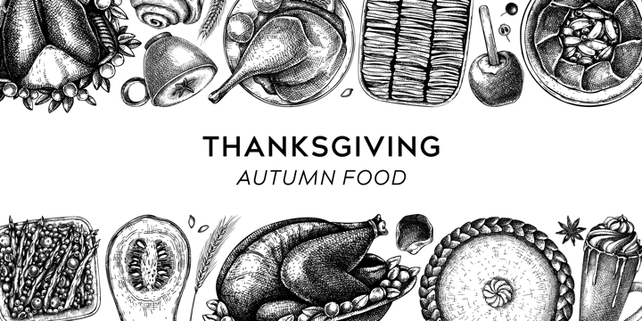 Thanksgiving dinner banner. Fall food and drinks trendy frame design. Vintage turkey, vegetables, pies, and hot drinks sketches. Vector autumn food template. Thanksgiving background in engraved style
